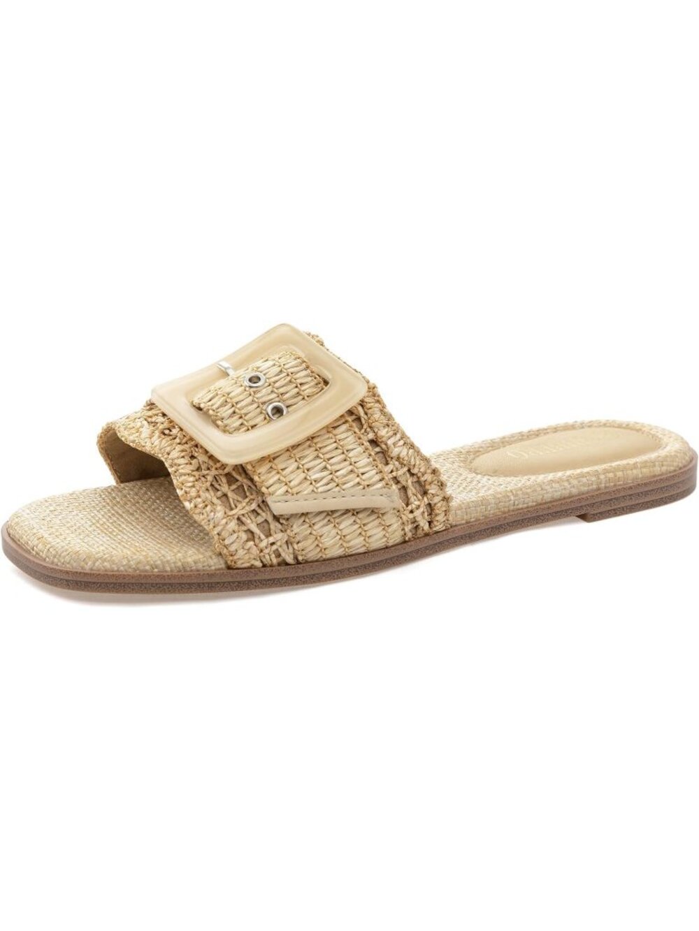 🆕Women's Tan Raffia Flat Sandals Square Toe Buckle Summer Beach Slides